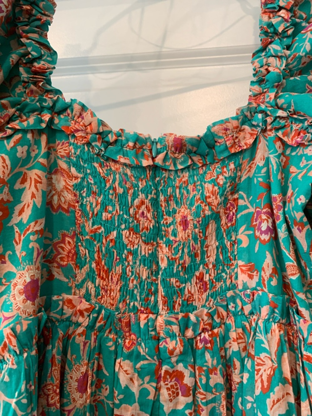 Fate Teal Floral Puff-Sleeve Midi  S Dress 100 percent cotton NWOT - Picture 8 of 13